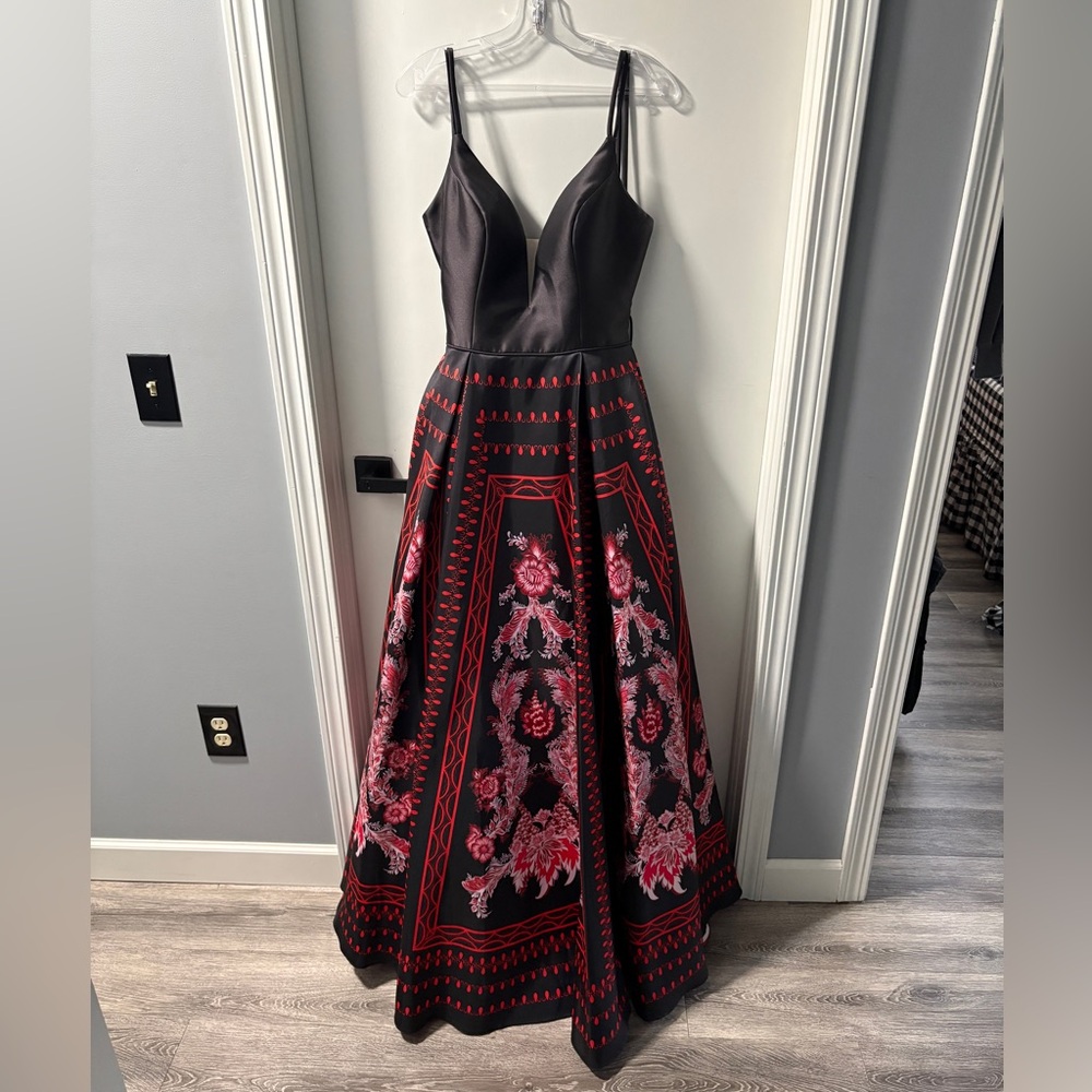 Alyce Paris Black Ball Gown with Red Floral Jacquard Skirt